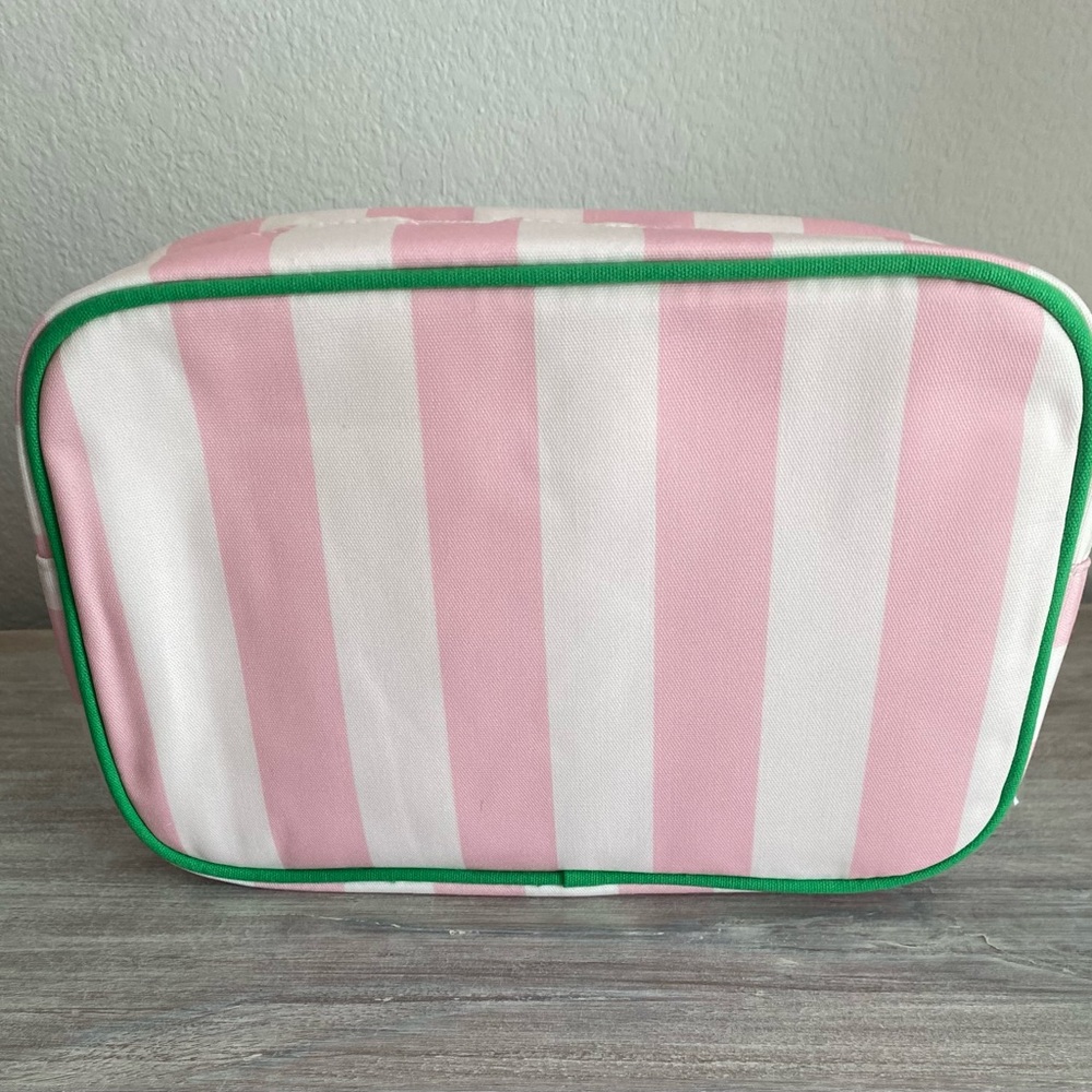 Pink White Striped Green Trim Zip Fabric Cosmetic Make-up Bag Organizer Tote